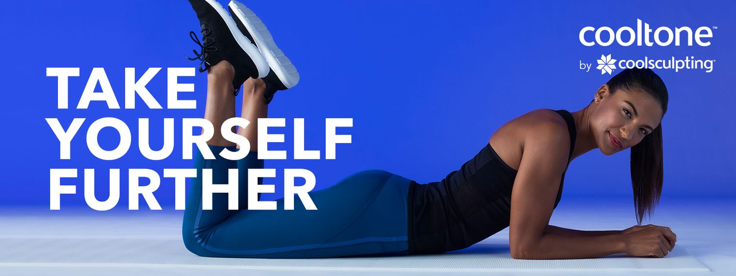 A woman dressed in athletic wear is lying on her stomach with her legs bent at the knees, looking towards the camera. The text 'TAKE YOURSELF FURTHER' is prominently displayed in large, bold letters, with the brand name 'cooltone' and the phrase 'by.