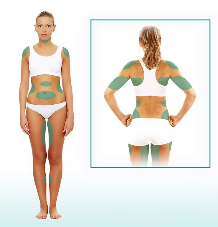 An illustration featuring a standing female figure in a white top and bottom, with green highlighted areas indicating different body zones.