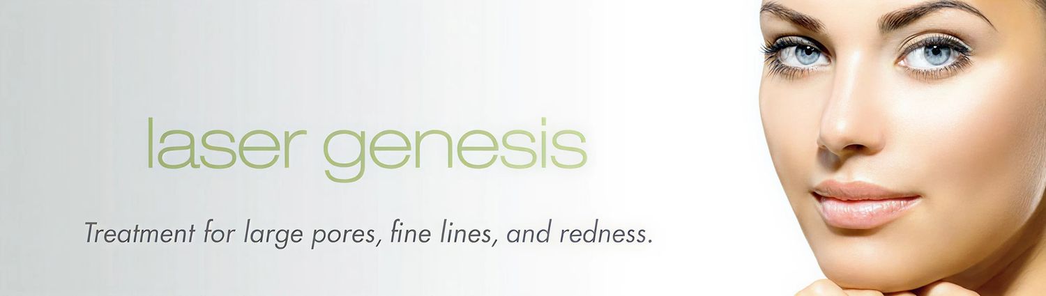 The text 'laser genesis' in light green, and below it the phrase 'Treatment for large pores, fine lines, and redness.' in gray. The image features a close-up of a woman's face, highlighting her clear skin and blue eyes.