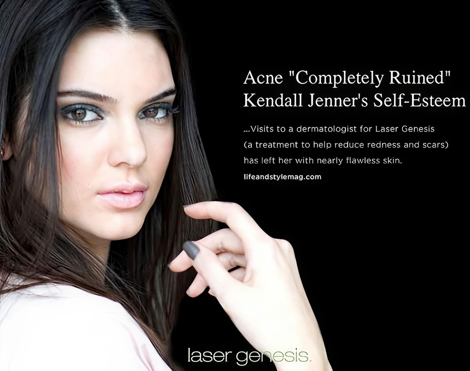 A close-up portrait of a young woman with long dark hair and striking makeup, featuring a smooth complexion and expressive eyes. Below the image, the text 'laser genesis.' is displayed in lowercase letters.