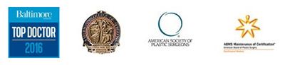 A logo with the text 'Baltimore Top Doctor 2016' featuring a banner style, an emblem depicting a medical figure, a circular logo with the text 'American Society of Plastic Surgeons', and a star-shaped icon with the text 'ABMS Maintenance of Certification'.