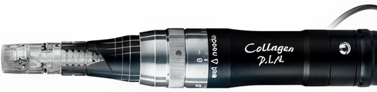 A black and silver collagen pen device with a clear needle tip and the text 'Collagen P.D.L.' printed in white.