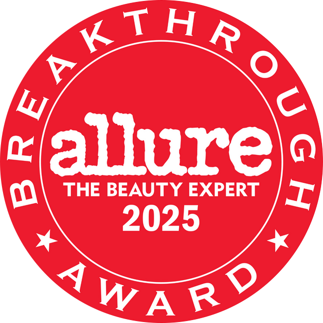 A circular logo featuring the text 'allure' in white with a playful font, surrounded by the words 'BREAKTHROUGH AWARD' and 'THE BEAUTY EXPERT' in white, all set against a red background. The year '2025' is prominently displayed at the bottom.