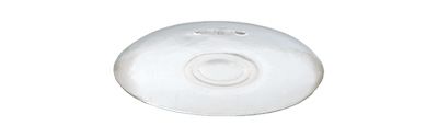 A clear, round saline breast implant with a smooth surface.