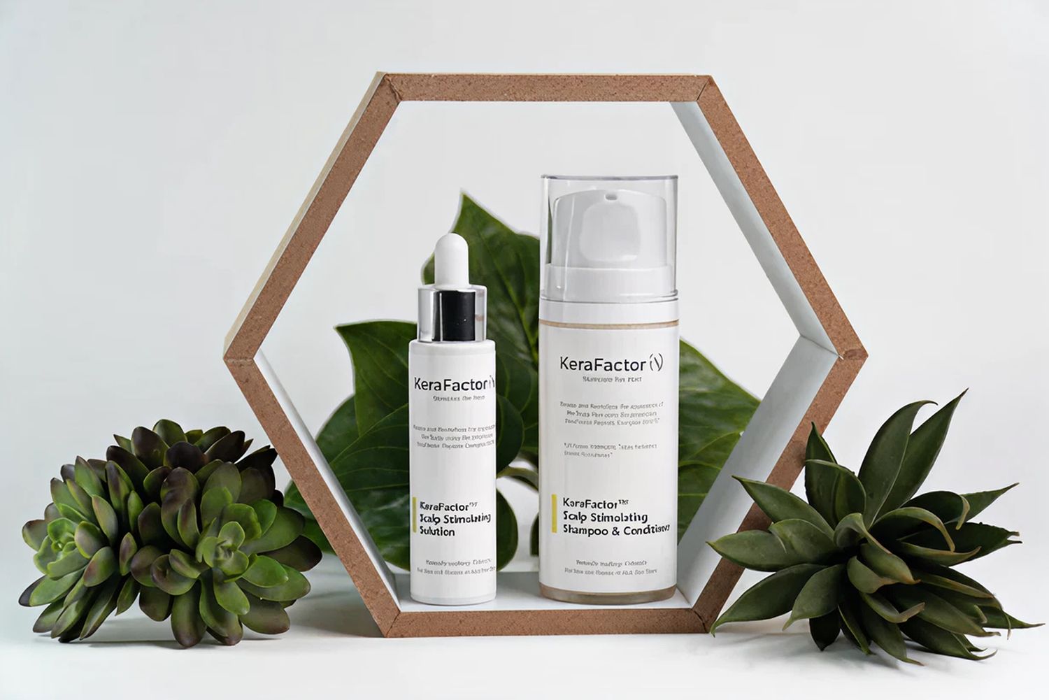 A hexagonal mirror frame reflecting two KeraFactor products: a dropper bottle labeled 'KeraFactor™ Hair Stimulating Solution' and a pump bottle labeled 'KeraFactor™ Scalp Stimulating Shampoo & Conditioner'.