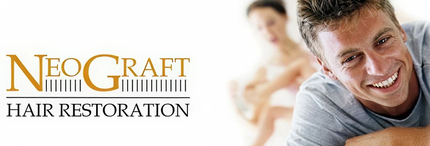 The logo features the text 'NEO GRAFT' in a bold, stylized font with yellow letters, and 'HAIR RESTORATION' in a smaller, black serif font positioned below. The design includes decorative lines above and below the 'HAIR RESTORATION' text.