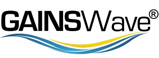The logo features the word 'GAINSWave' with 'GAINS' in bold black text and 'Wave' in a lighter font style. Below the brand name, there are flowing blue and yellow waves.