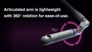 A depiction of an articulated arm with a smooth, elongated body and a circular rotation indicator around it, with the text 'Articulated arm is lightweight with 360° rotation for ease-of-use.' above.