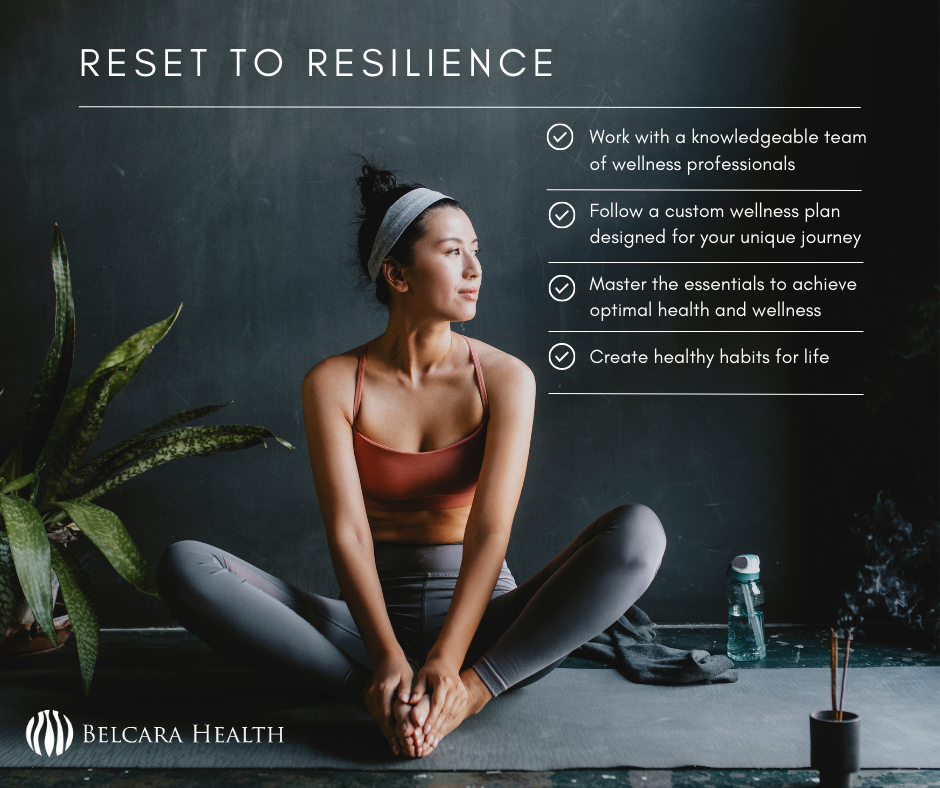 The image features a woman sitting cross-legged in a yoga pose, wearing a brown sports bra and gray leggings. She has her hair tied up in a bun and appears focused and calm. Surrounding her are green plants and a water bottle nearby.