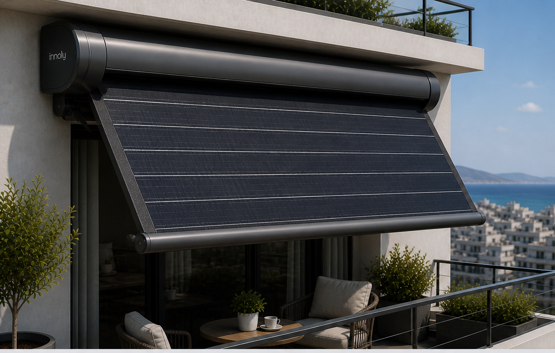 Innoly extended solar awning providing shade and generating electricity