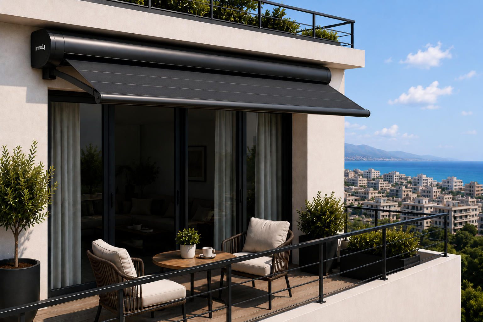 Innoly retracted solar awning in open position for everyday living