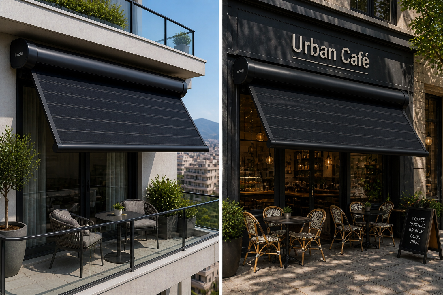 Innoly solar shading installed on Urban Café storefront