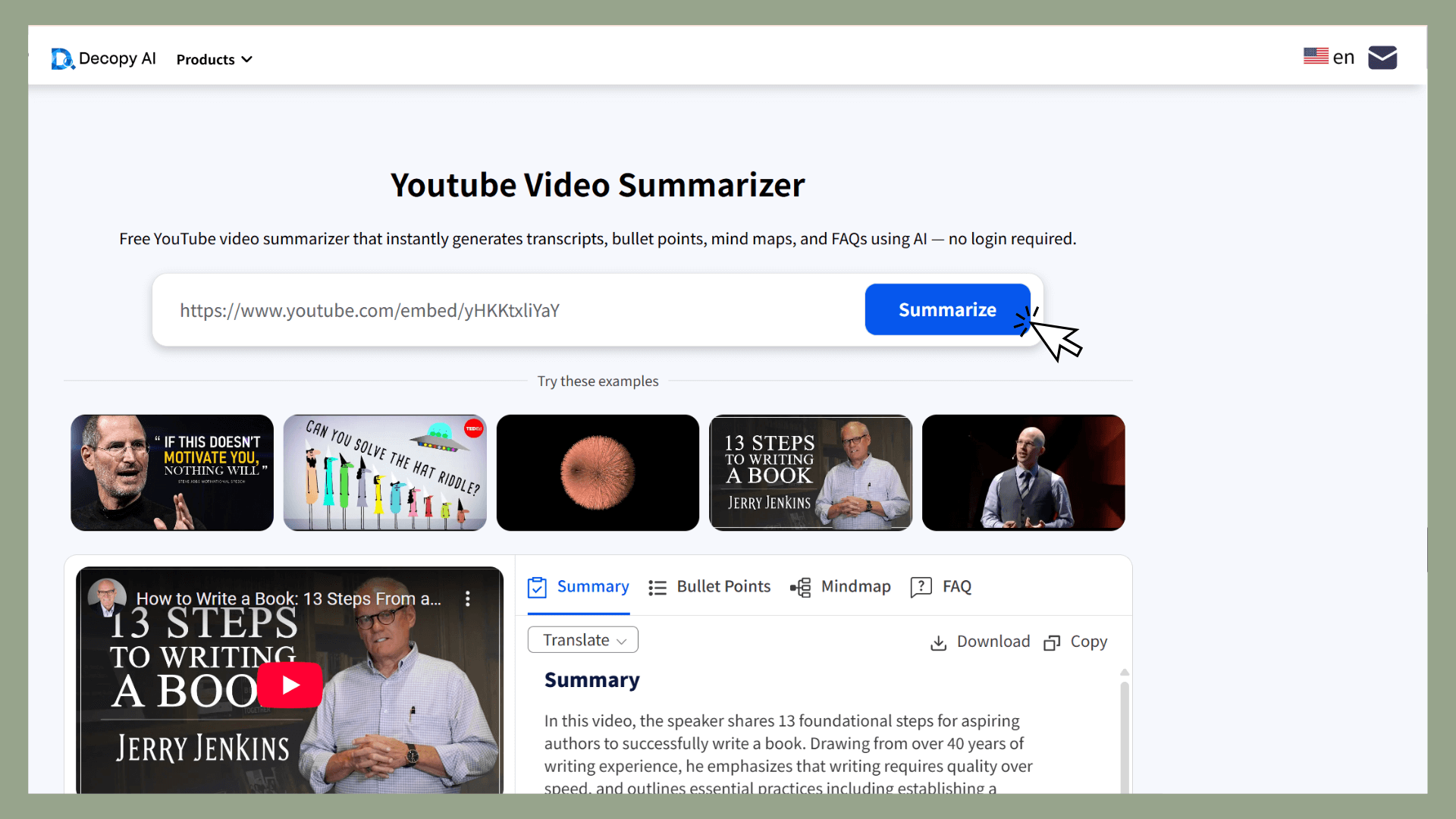 Decopy.ai dashboard summarizing a YouTube video