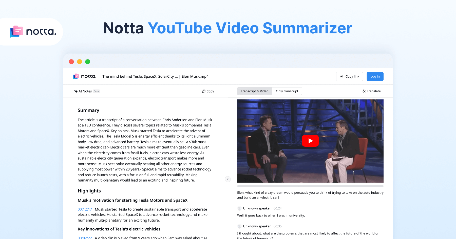 Notta dashboard summarizing a YouTube video