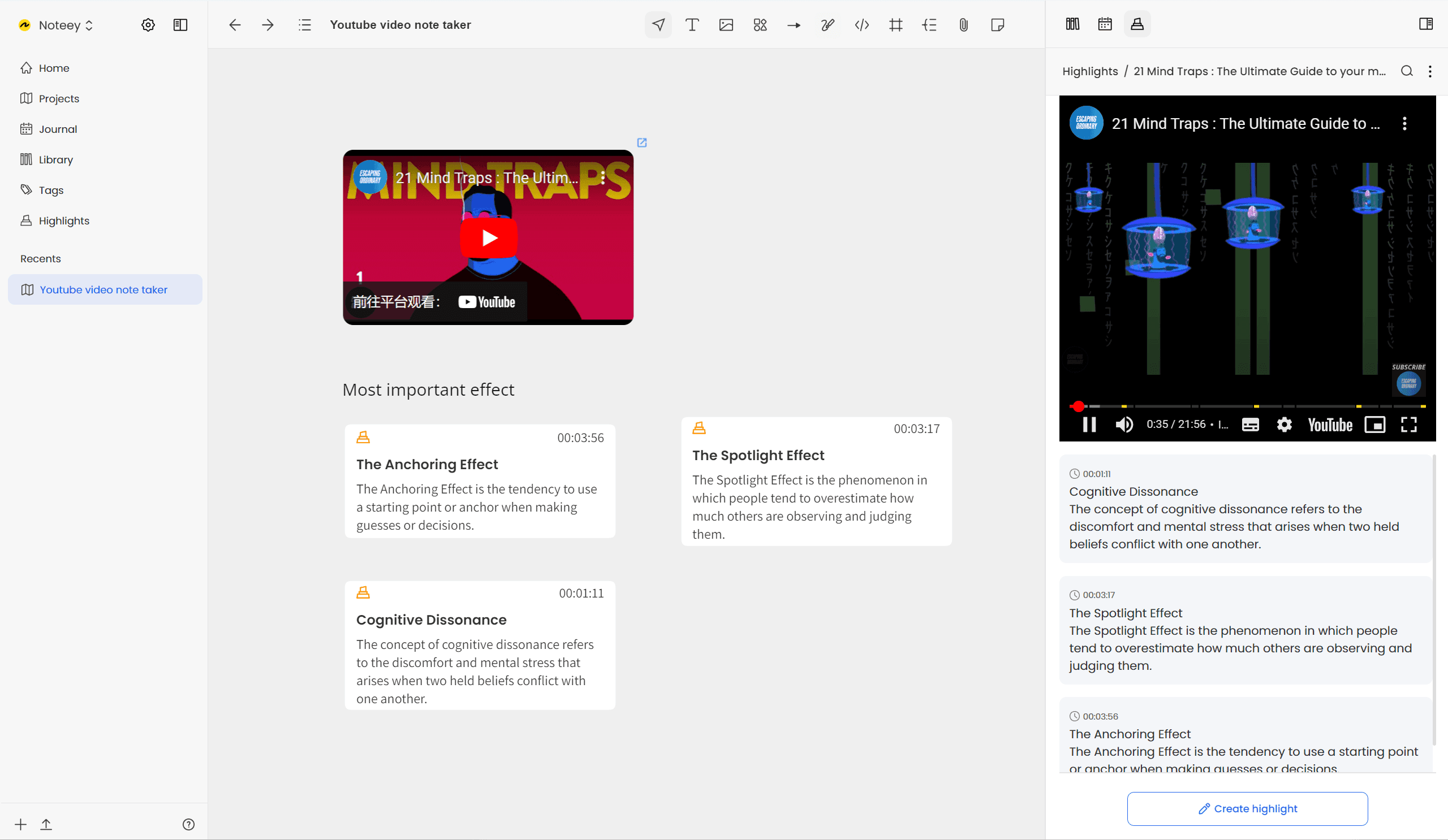 Noteey dashboard summarizing a YouTube video