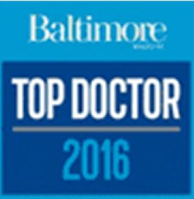 A logo featuring the text 'Baltimore' at the top, followed by the phrase 'TOP DOCTOR' in bold, and the year '2016' below it.