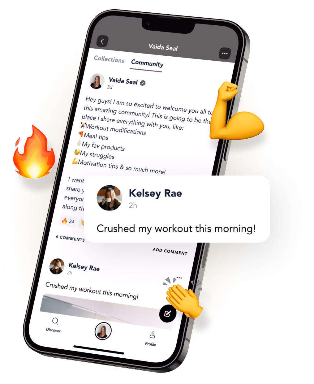 Phone with the App's community section showing on screen