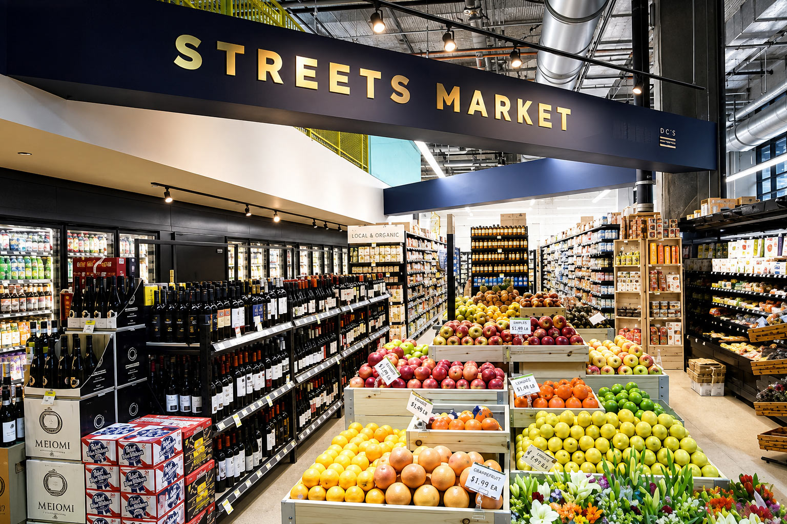 Fresh produce and grocery aisles inside Streets Market