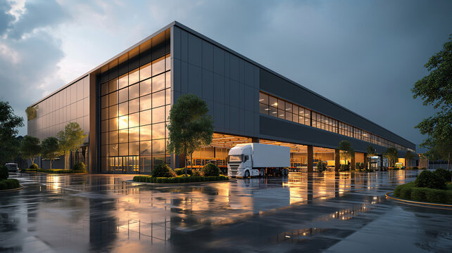 Large modern warehouse at dusk with trucks parked and wet pavement reflecting building lights.