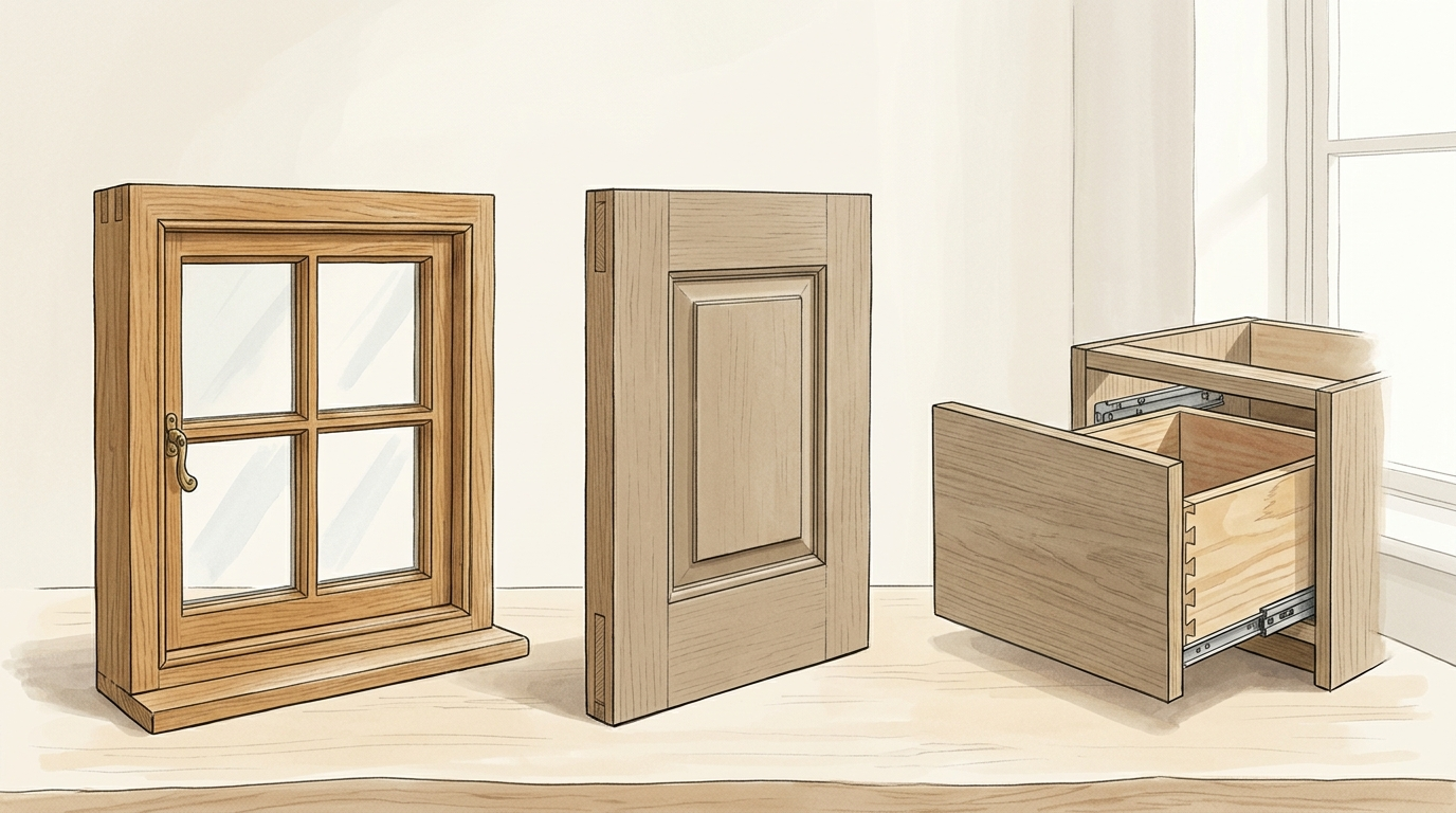 Timber window frame, panelled door sample and cabinet drawer arranged together