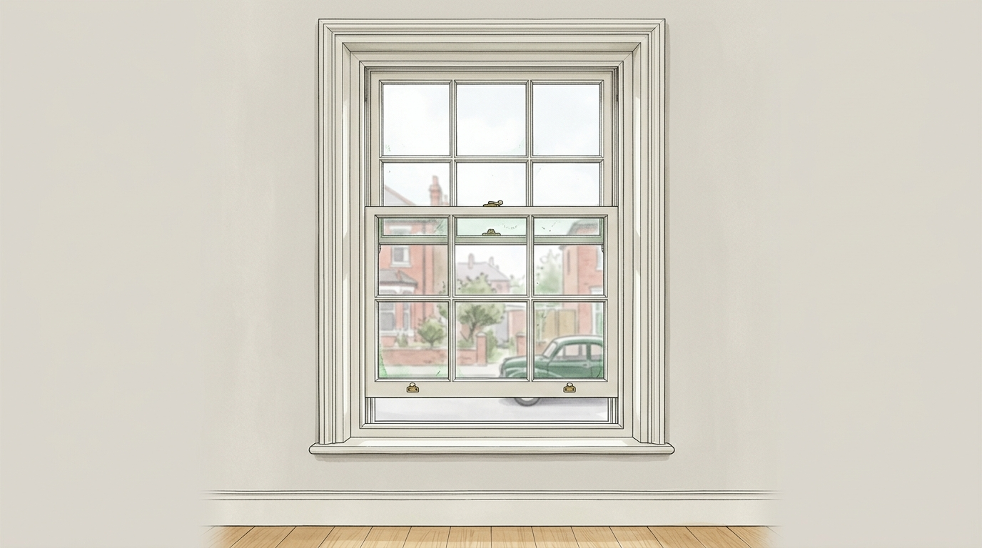 Timber sliding sash window with the lower sash partly raised