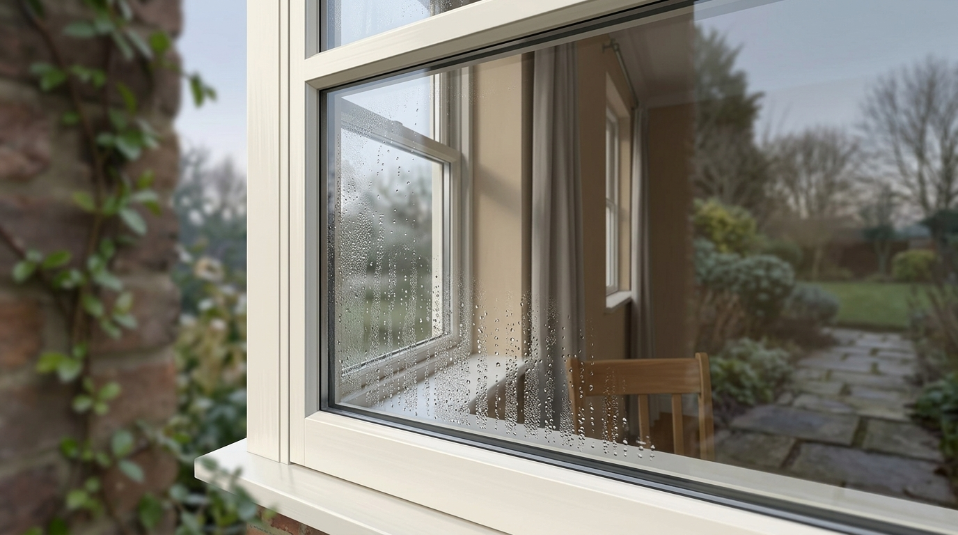 Morning condensation droplets on the outside surface of a window