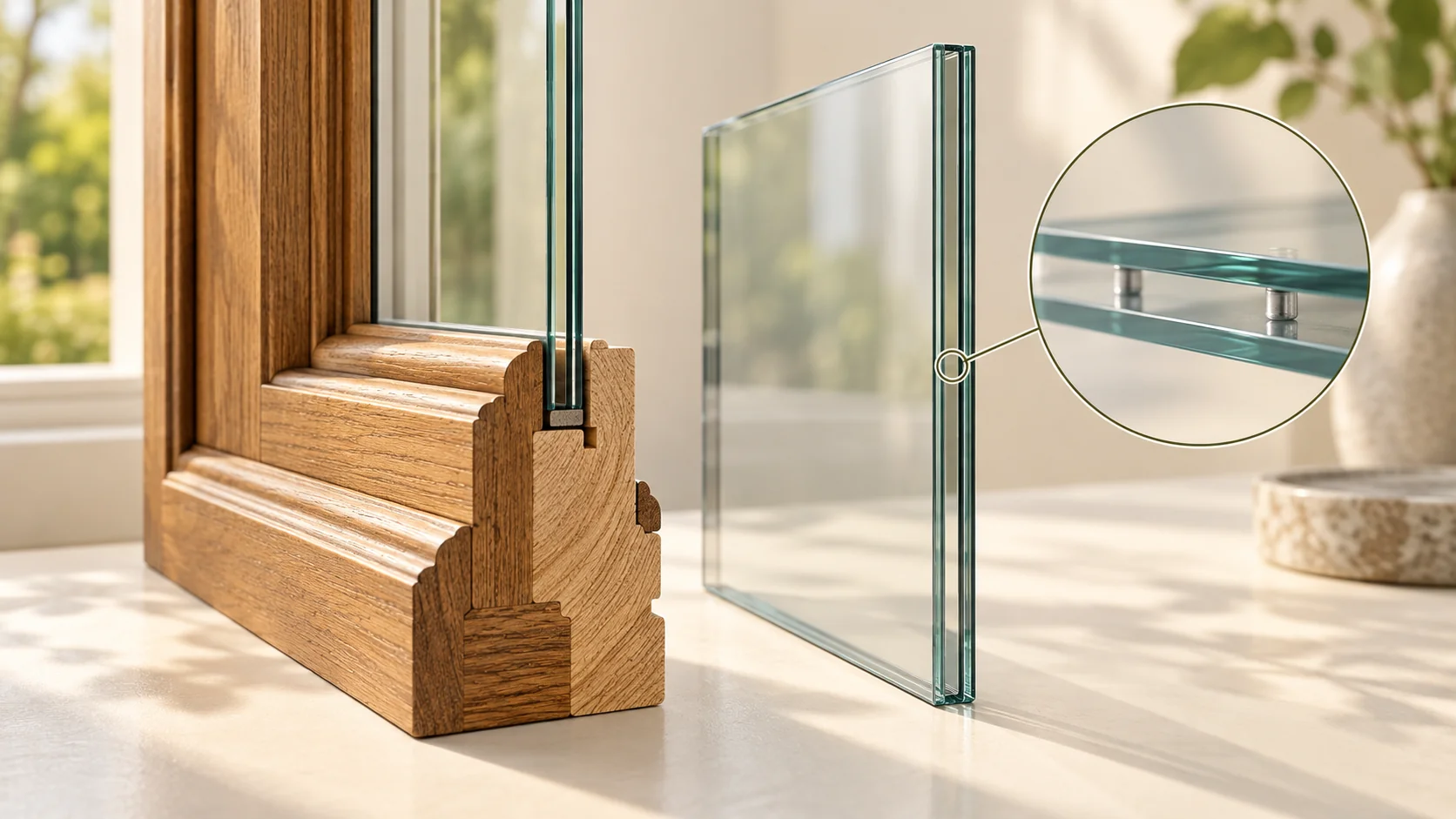 Conceptual illustration of thin vacuum glazing and a timber window section, with an enlarged support-pillar detail.