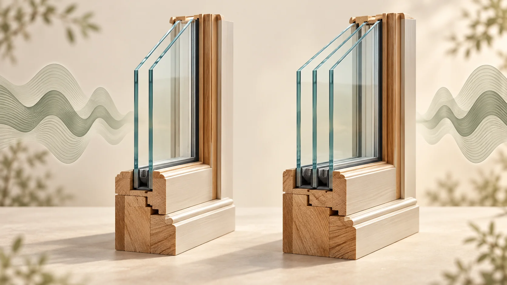 Conceptual illustration comparing two-pane and three-pane glazing in timber window sections.