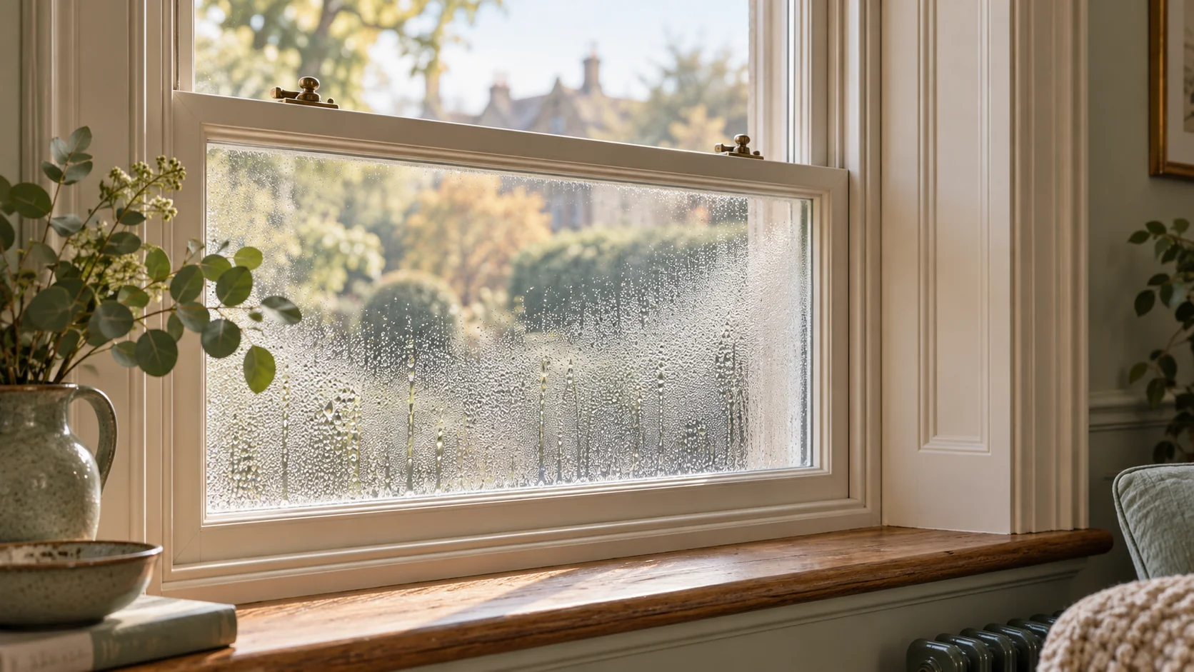 Illustration of condensation droplets on the lower pane of a painted timber sash window.