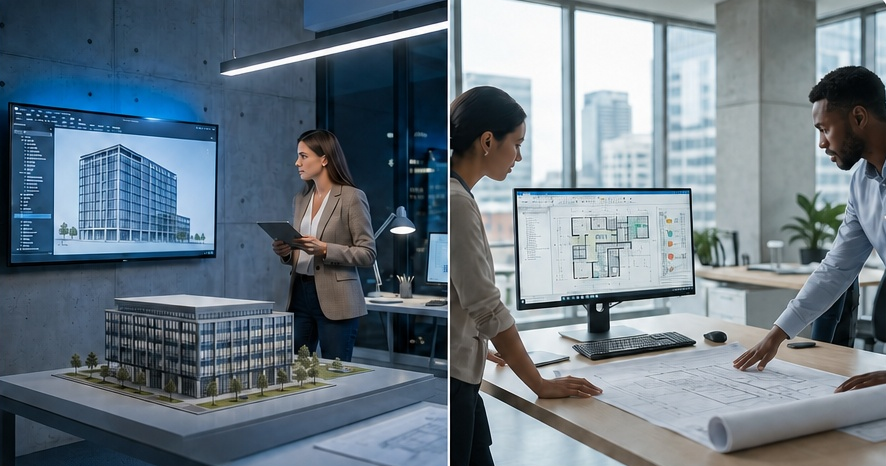 Two design scenes: an architect beside a physical building model with a rendered elevation on screen, and two colleagues reviewing a floor plan alongside rolled drawings