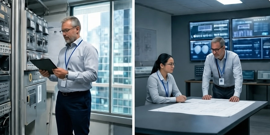 Two facilities scenes: a manager reviewing a tablet beside building control panels, and two colleagues examining floor plans in a monitoring room lined with system screens