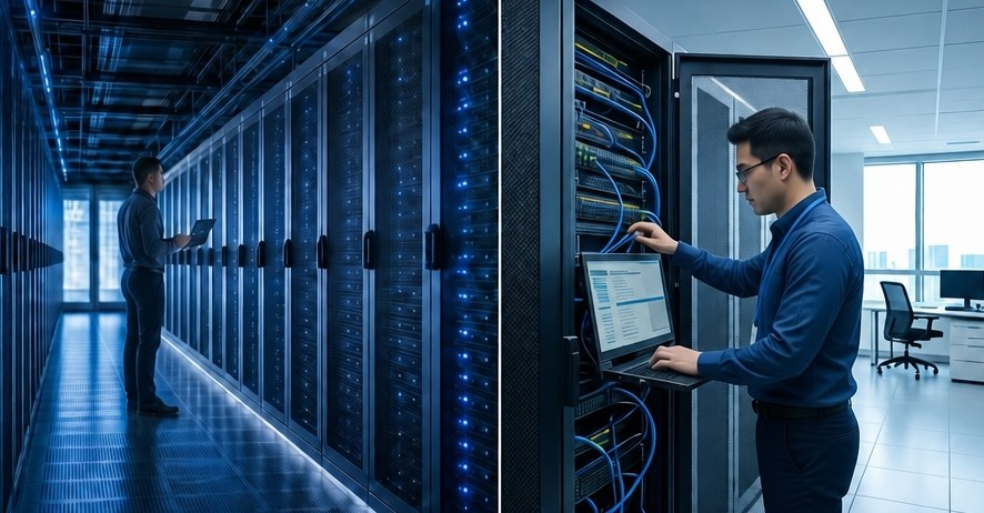 Two IT scenes: a technician with a laptop in a data centre aisle of illuminated server racks, and a colleague patching cabling at an open rack in an office