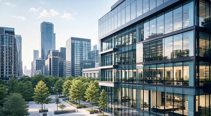 A modern glass office tower on a landscaped plaza, seen from street level with the downtown skyline behind