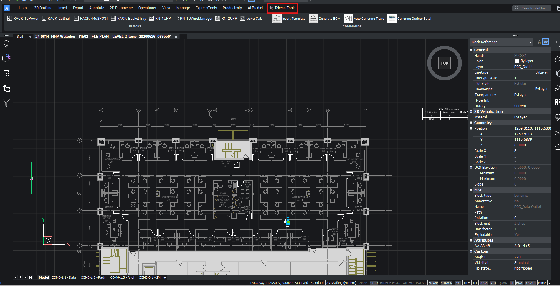 A CAD floor plan of an office level with a Tekena Tools tab added to the ribbon and a properties panel listing the selected object's data
