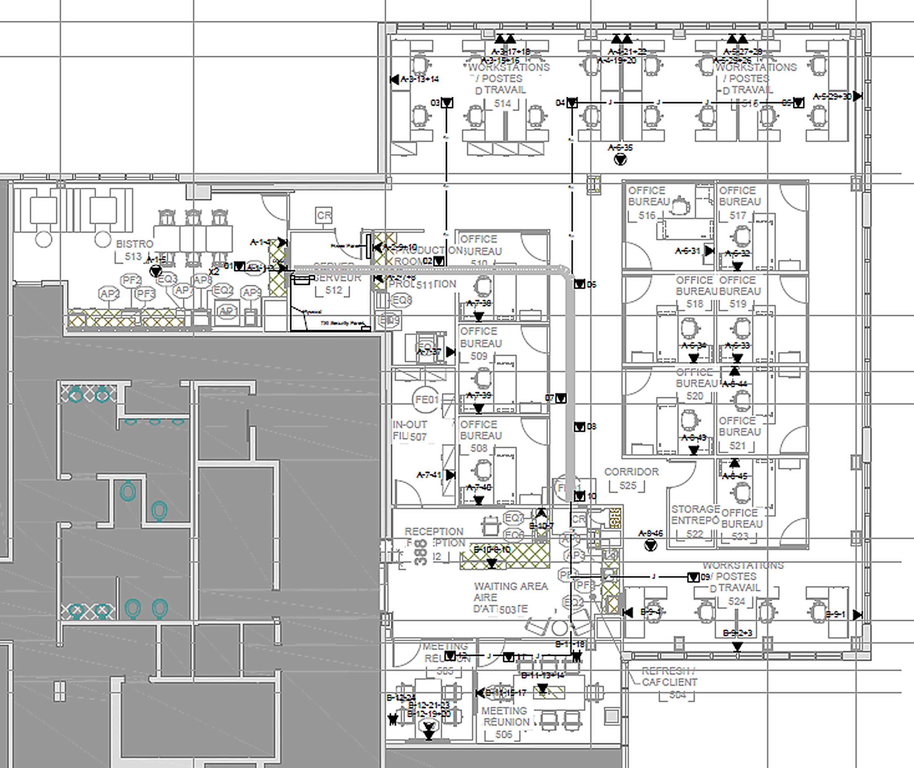 A TekSMART port and label drawing mapping every numbered port and endpoint across the cabling system