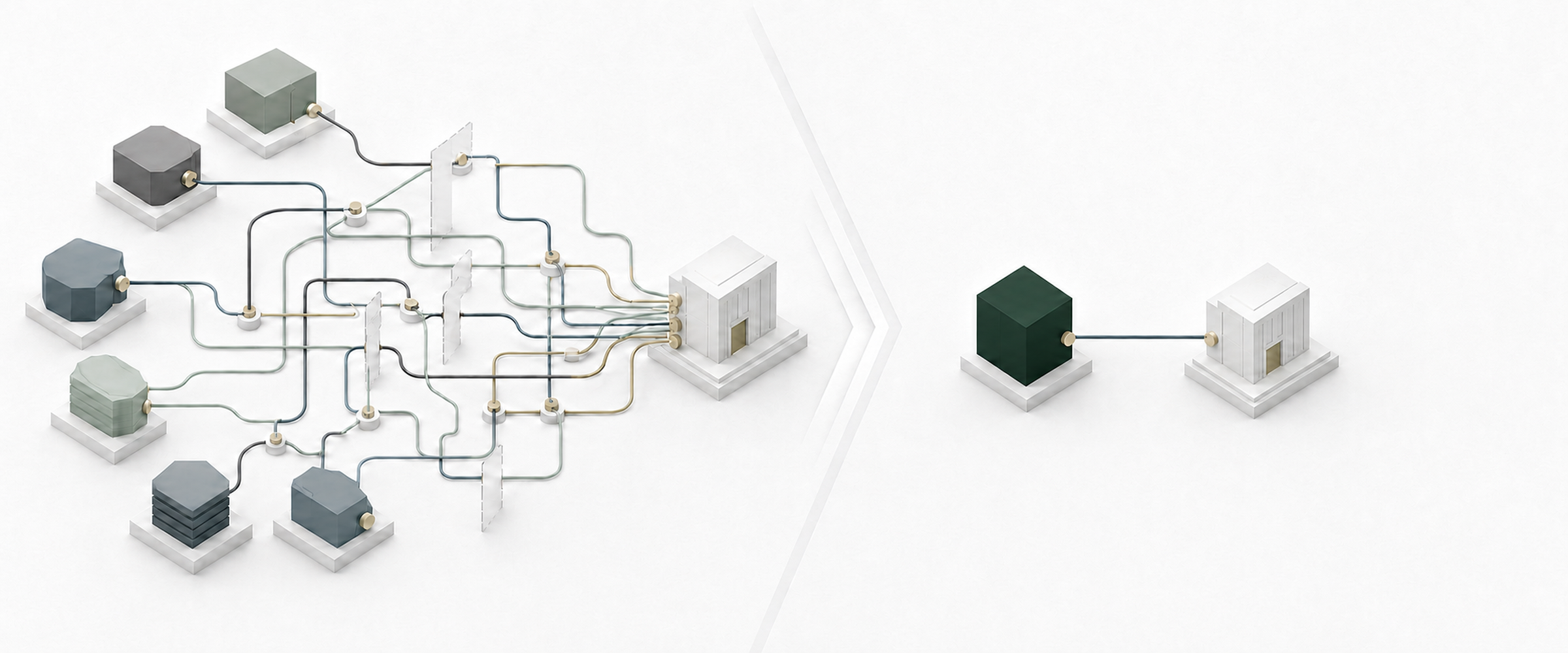 A comparison: on the left, many separate vendors connected to a project by tangled crossing lines; on the right, a single accountable team connected to the same project by one clean line