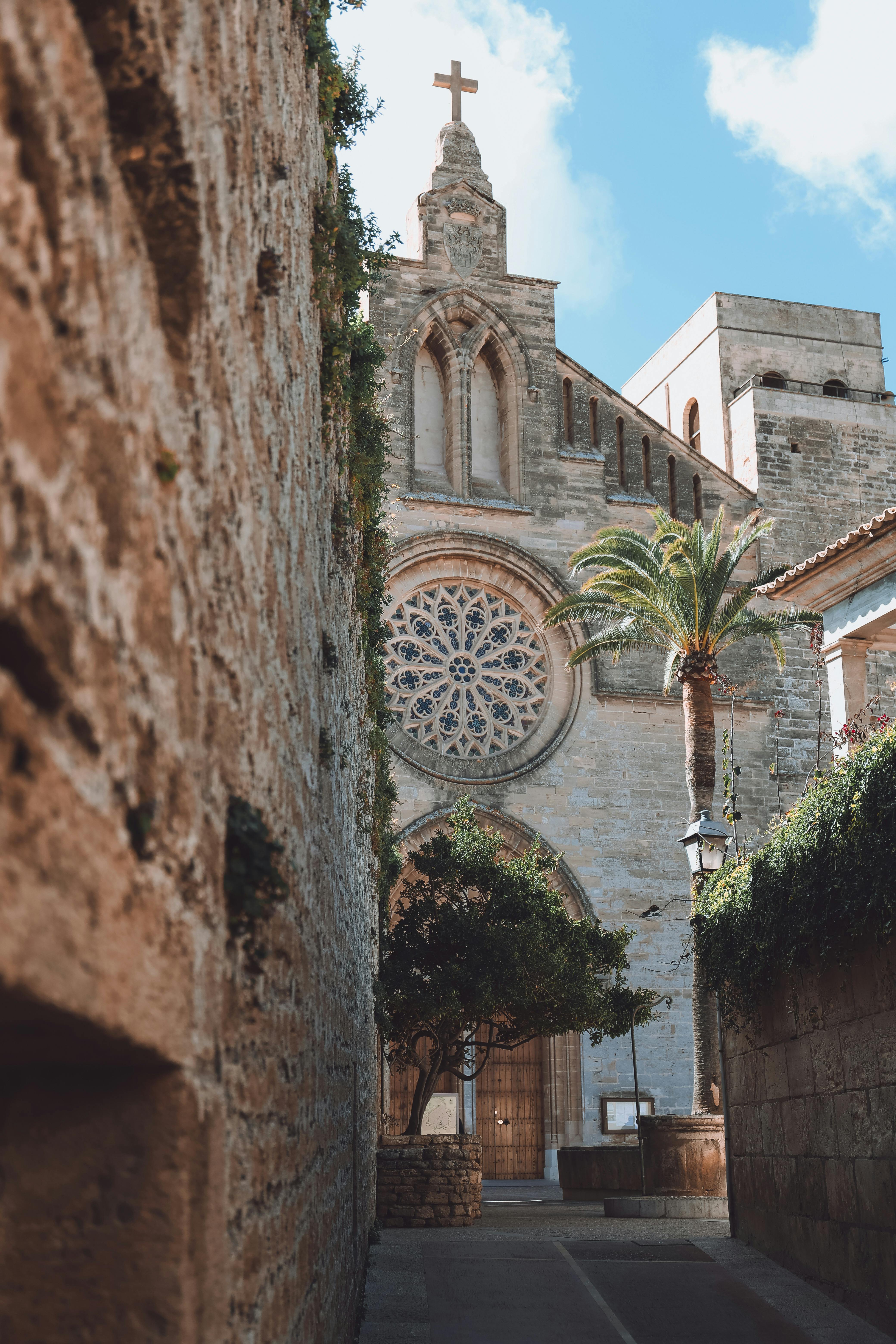 Stone church facade with a large rose window, wooden doors, a palm tree, and a narrow stone alley.