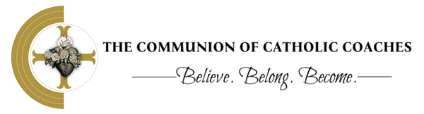 Logo of The Communion of Catholic Coaches with a cross, flowers, and text Believe Belong Become.