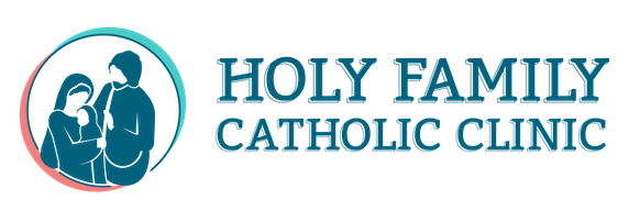 Holy Family Catholic Clinic logo with stylized figures of a man, woman, and child inside a circular shape.