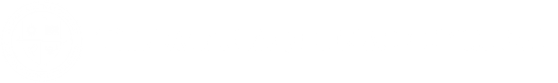 Thomas Aquinas College seal and text logo on a black background.