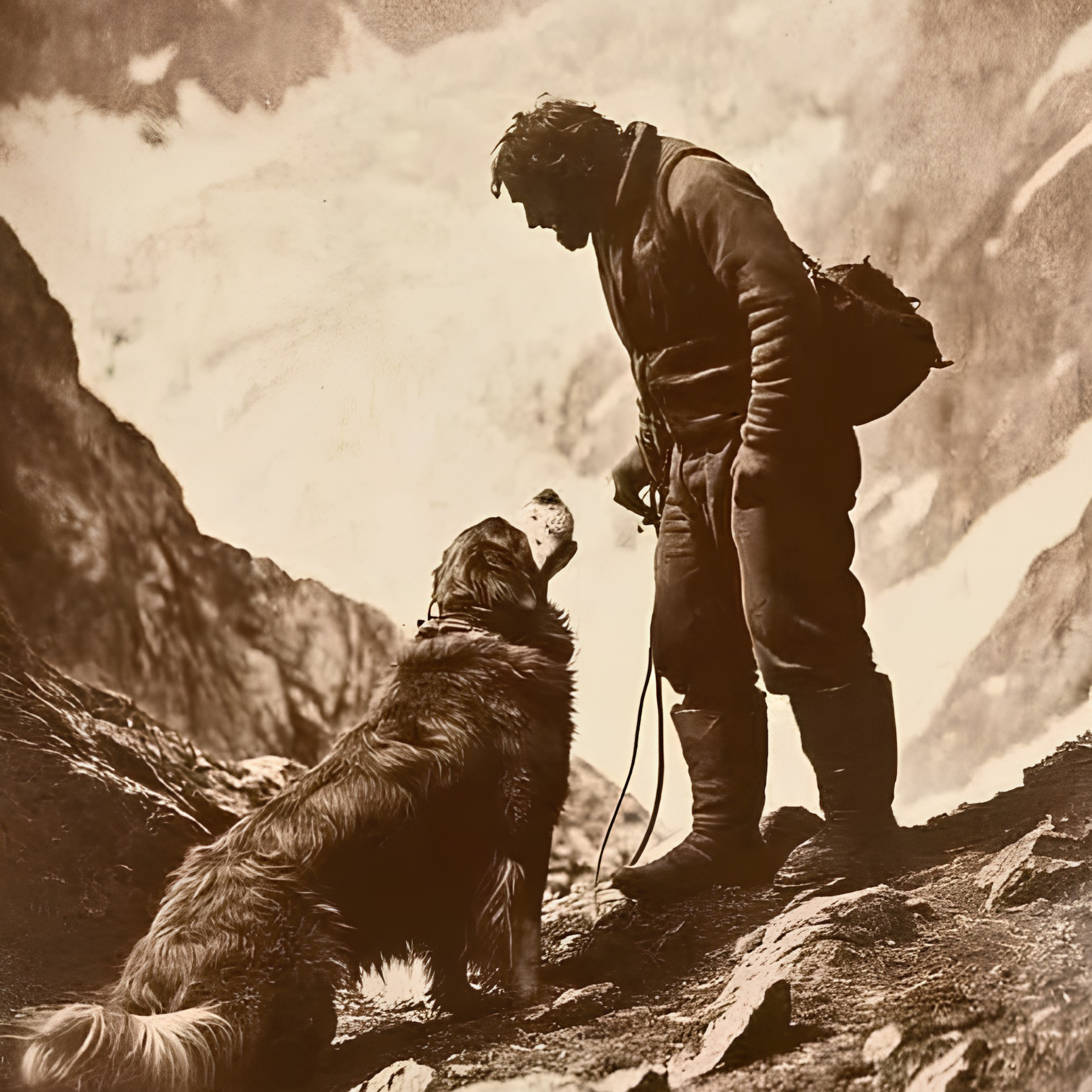 Man in rugged clothing with backpack looks down at a sitting dog on rocky mountain terrain.