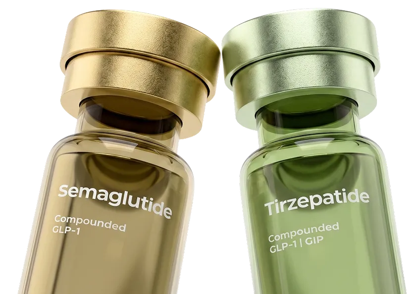Two glass vials with metallic caps; the left vial is labeled 'semaglutide Compounded GLP-1' with a gold cap, and the right vial is labeled 'Tirzepatide Compounded GLP-1 | GIP' with a silver-green cap.