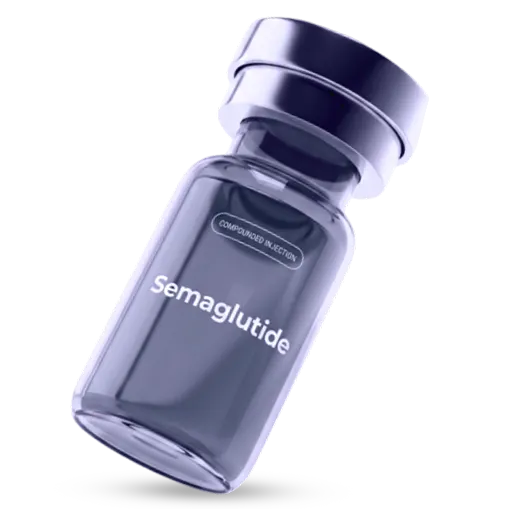 A clear glass vial with a dark cap labeled 'Semaglutide' and 'Compounded Injection,' used for injectable medication.