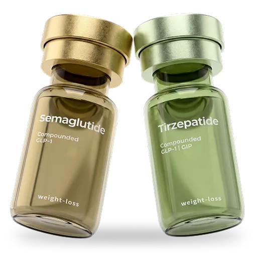 Two transparent vials with gold and silver caps labeled Semaglutide and Tirzepatide, both compounded GLP-1 related medications indicated for weight loss.