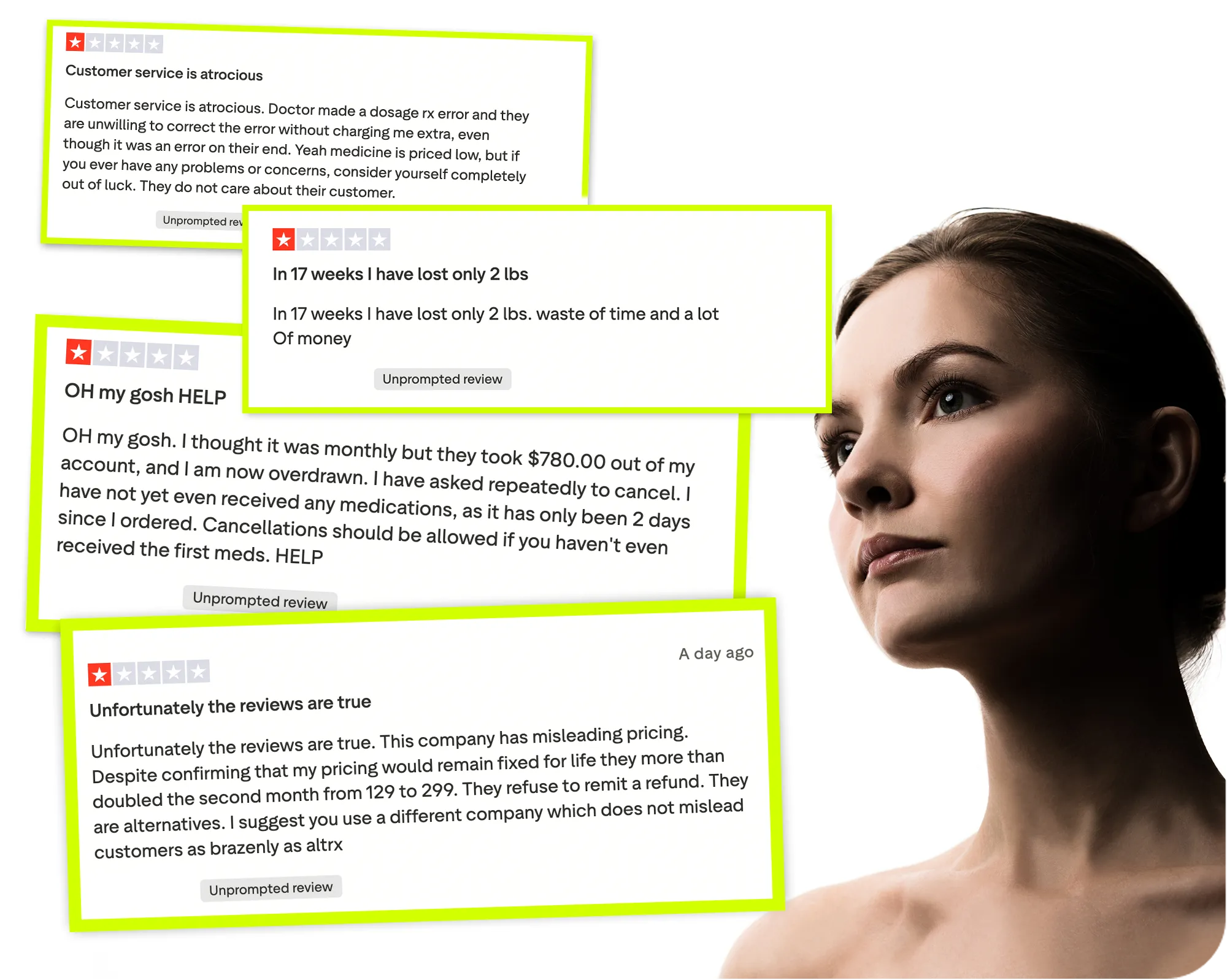 Collage of four negative customer reviews about a company, each with a one-star rating, alongside a woman with a serious expression looking to the right against a white background.