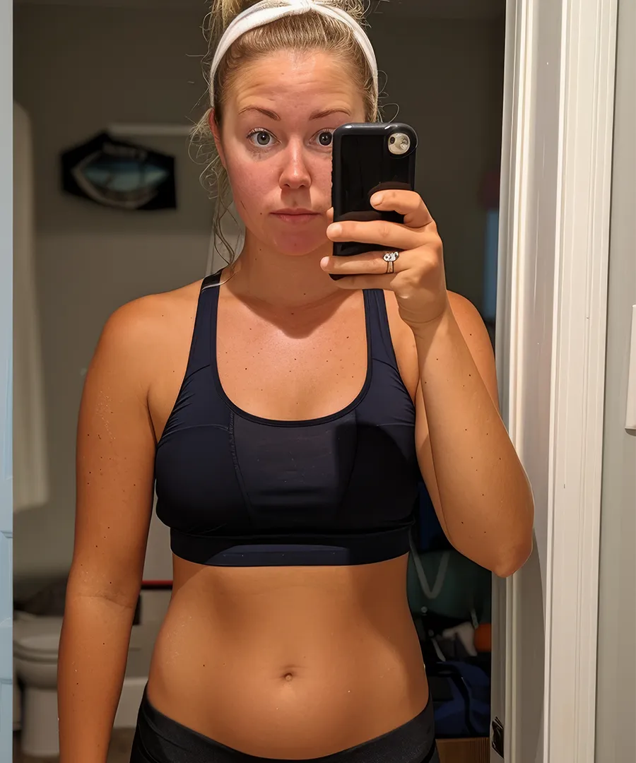 Woman with a white headband and black sports bra taking a mirror selfie with a black phone, showing a neutral expression and bare midriff.