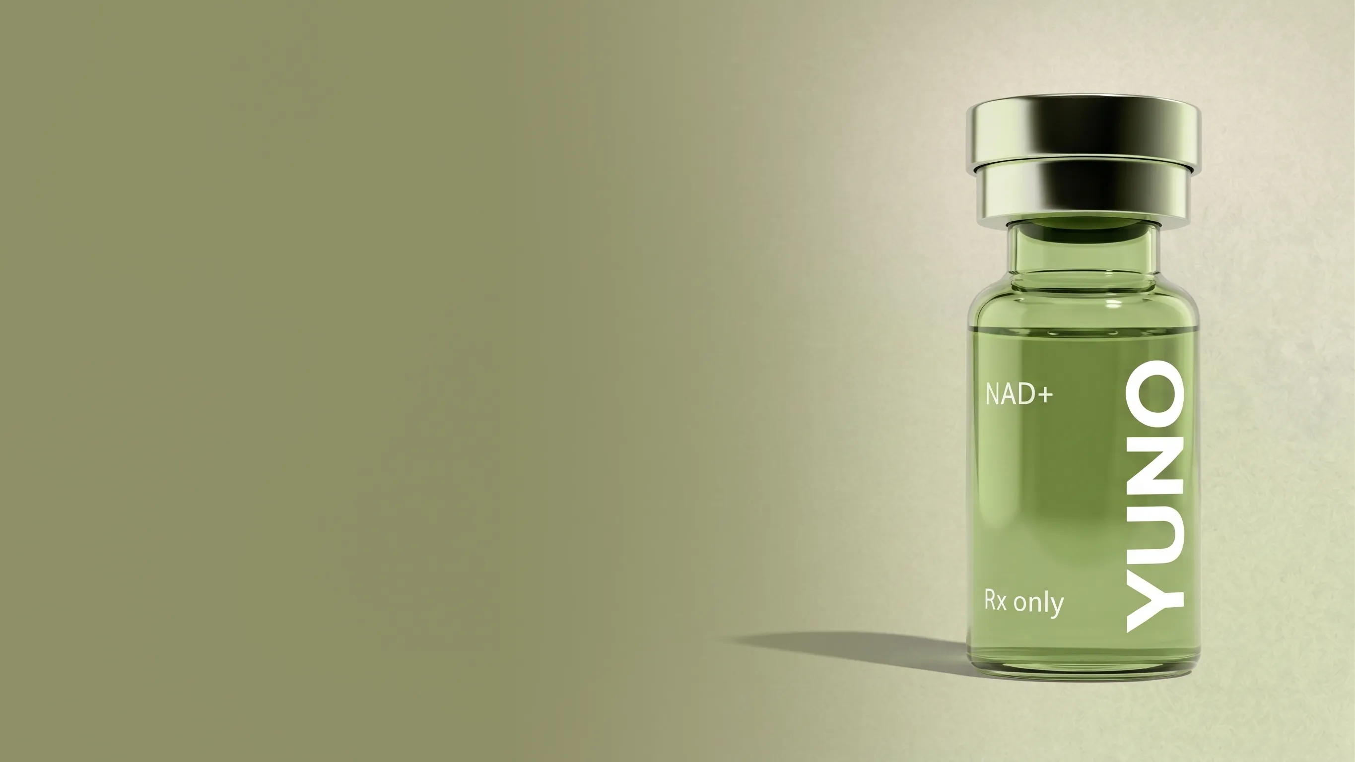 A transparent green glass vial with a metallic silver cap labeled with white text: 'NAD+', 'Rx only', and 'YUUNO' vertically along the side, placed against a light green background fading to beige.