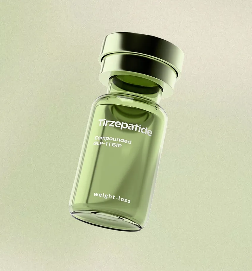 Transparent green-tinted vial with a matching cap labeled 'Tirzepatide Compounded GLP-1 | GIP weight-loss' on a light green background.