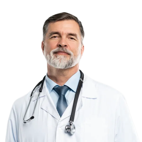 Male doctor with gray hair and beard wearing a white lab coat, blue shirt, blue patterned tie, and stethoscope around his neck, smiling slightly.