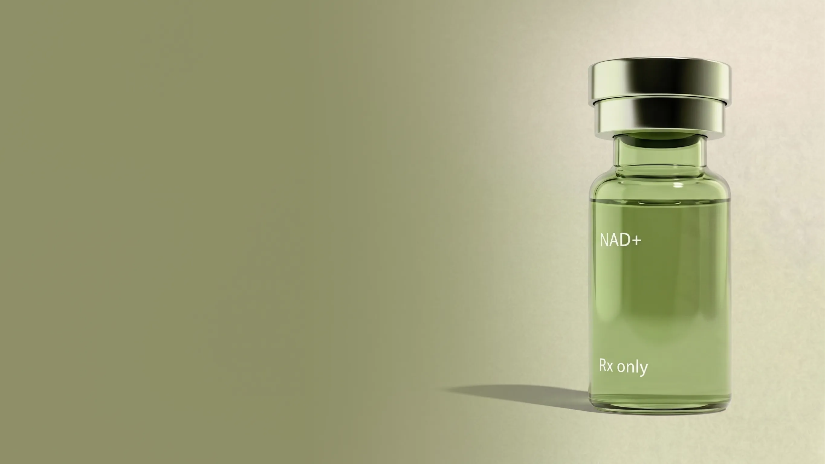 Transparent green vial with a silver cap labeled 'NAD+' and 'Rx only' on a light green to beige gradient background.